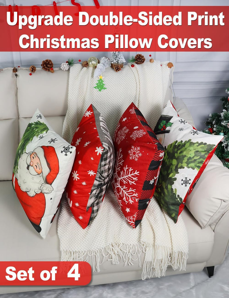Christmas Decorations Double-Sided Print Christmas Pillow Covers 18" x 18", with 8 Cute Patterns, Throw - Set of 4