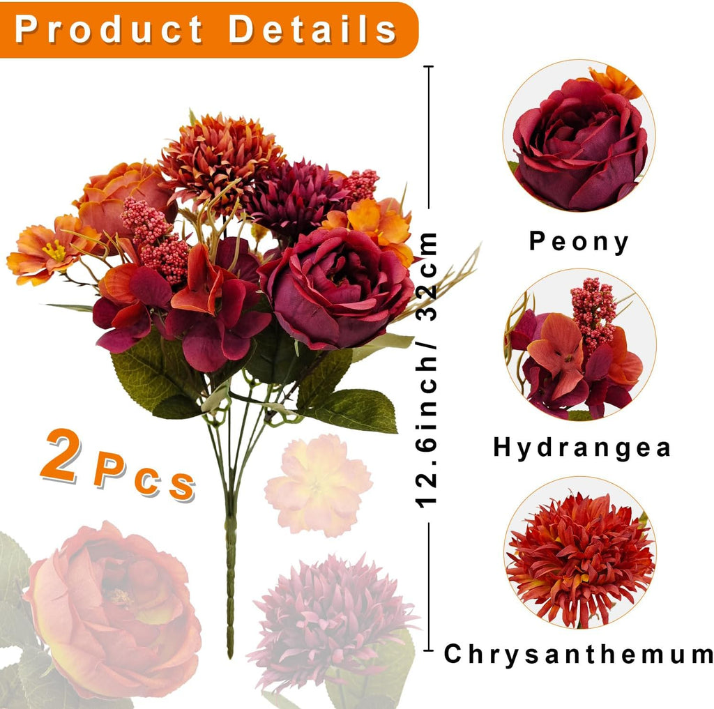 Bundles Fall Artificial Flowers Bouquet Fake Peony Silk Chrysanthemums Autumn Faux Floral Arrangements Decor Indoor - Set of 2
