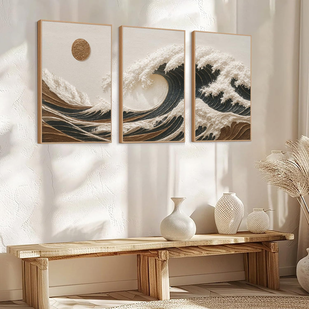 Great Wave Sunset Framed Canvas Wall Art, Abstract Sun Seascape Art Decor Set of 3(24"x36") Modern Ocean Beach Art