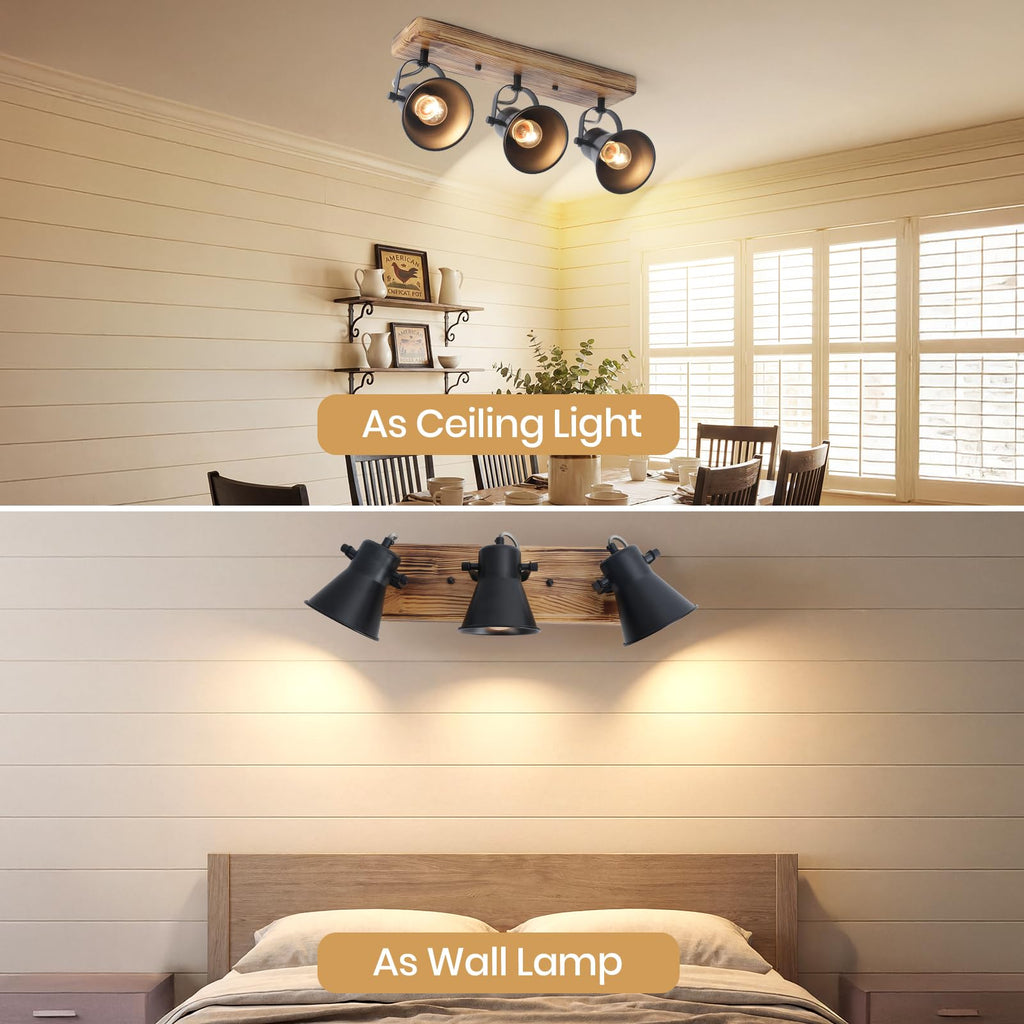 3-Light Track Lighting Kit, Wood Semi Flush Mount Ceiling Light with 3 Rotatable Heads - Modern Farmhouse Kitchen