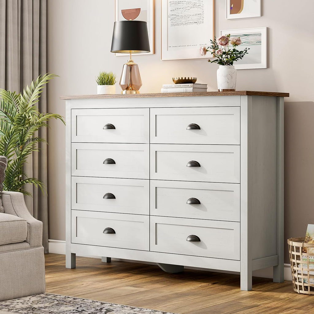 Antique White 8 Drawer Dresser, Farmhouse Wood Chest