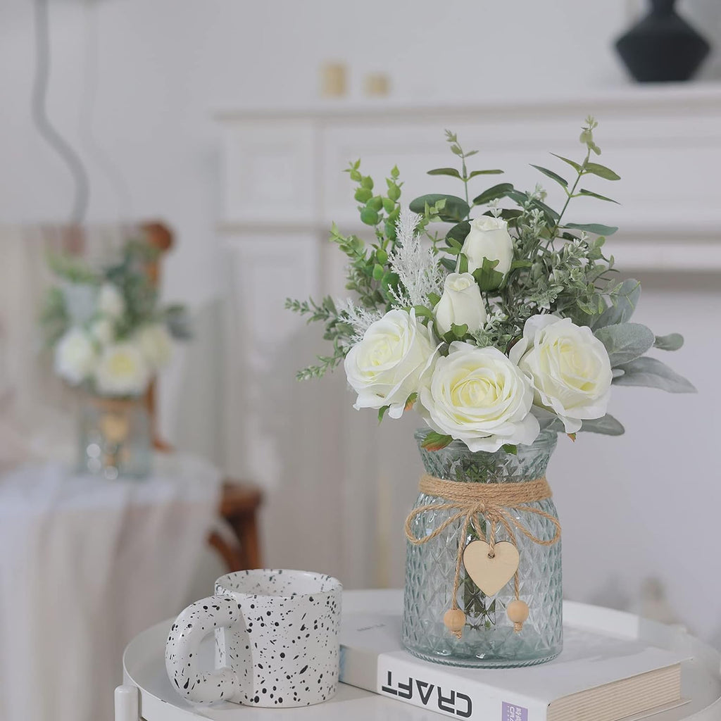 14.5" Faux Flowers with Vase,Artificial Silk Roses in Vase(White) | Realistic Fake Plant Faux Eucalyptus,Flower