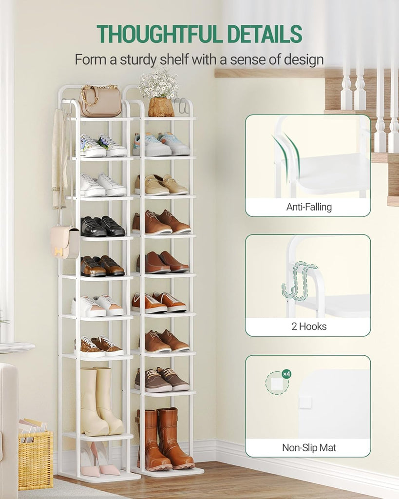 10 Tiers Vertical Shoe Rack, Tall Shoe Shelf with 2 Hooks