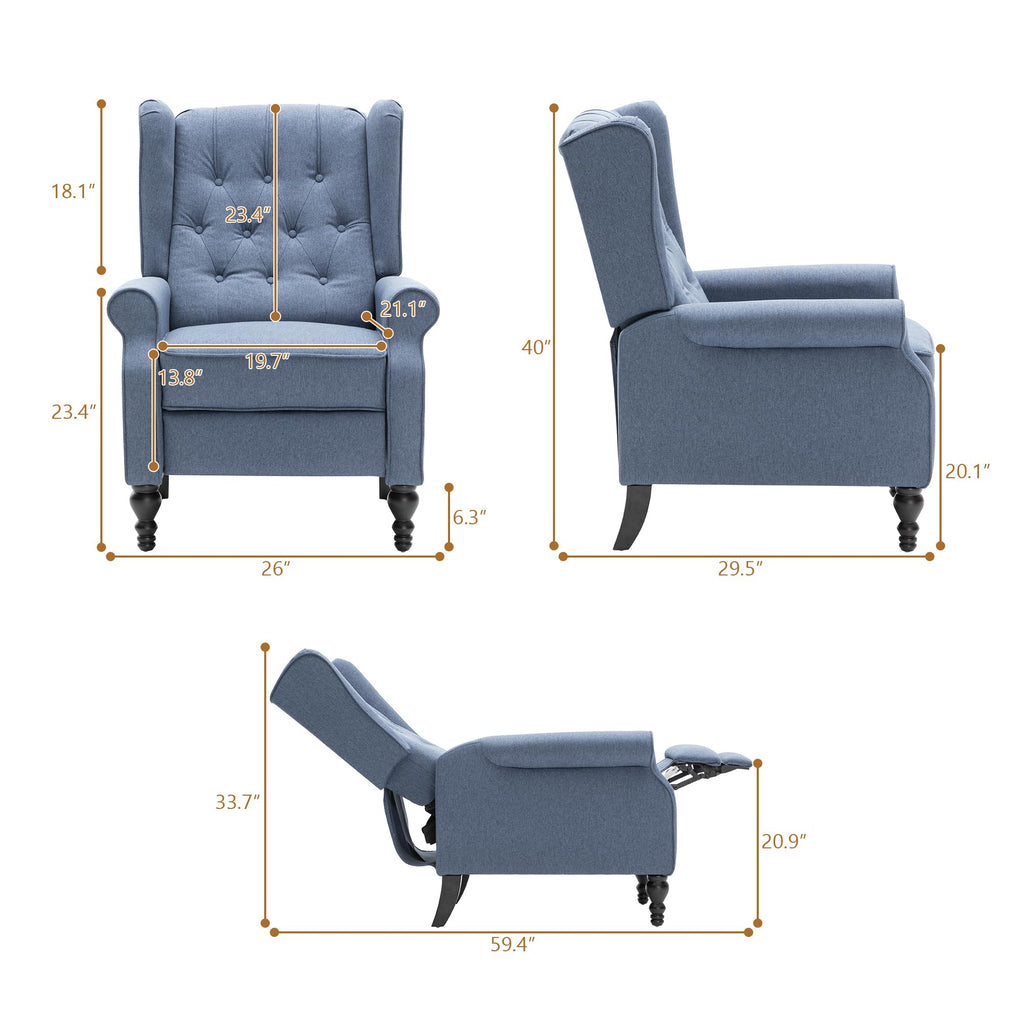Mid Century Wingback Recliner Chair for Adults, Modern Linen Fabric Push Back Recliner Chairs with Button Tufted