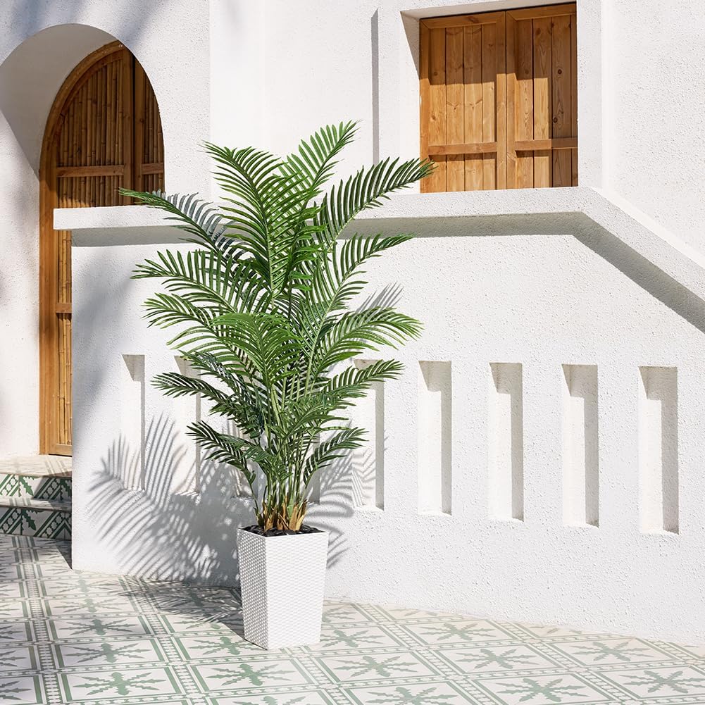 6FT Artificial Palm Tree - Tall Fake Tree with White Taper Planter & Pebbles, UV Resistant Decor - Large Potted Faux