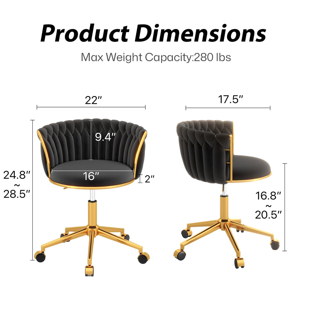 Velvet Woven Home Swivel Vanity Desk Chair with Gold Base, Black