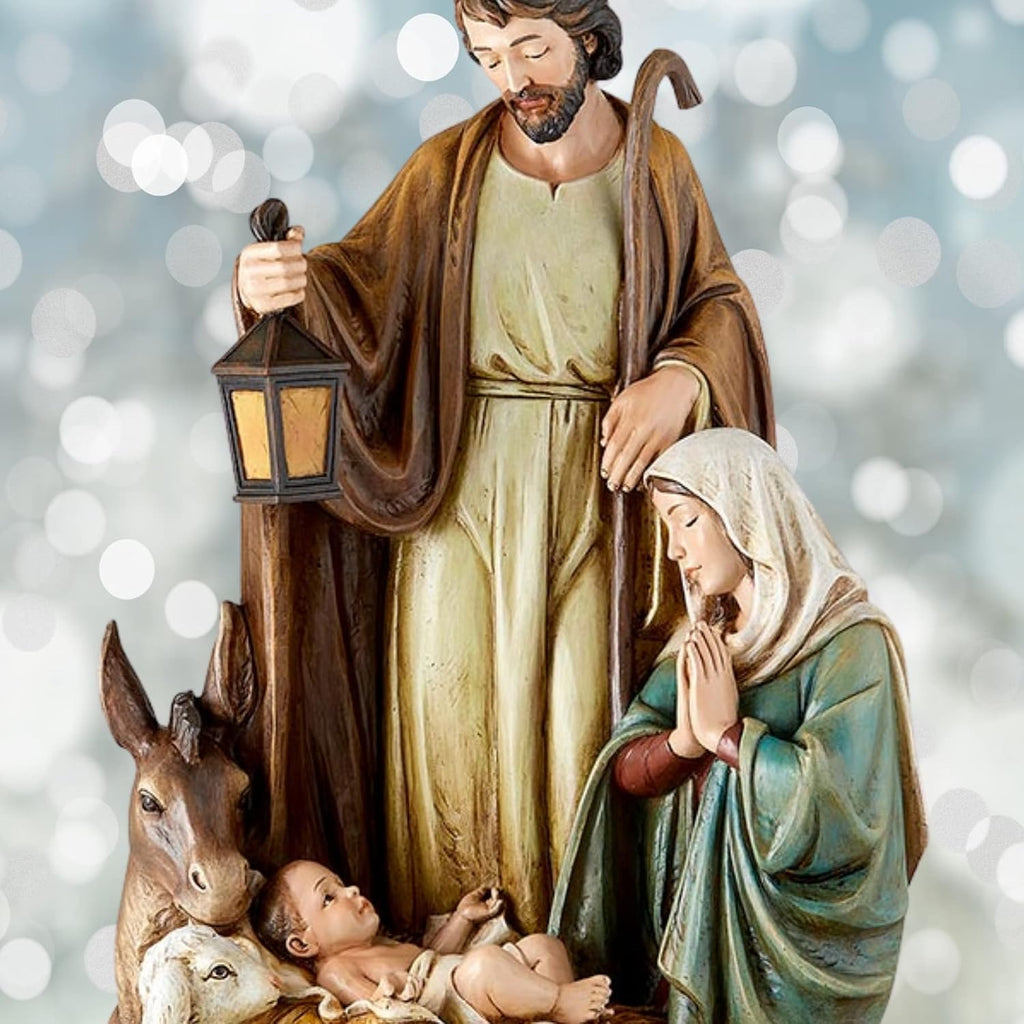 Religious Holy Family Figurine, Lamb of God Nativity Scene Statue, Christmas Decoration , 14.5 Inch