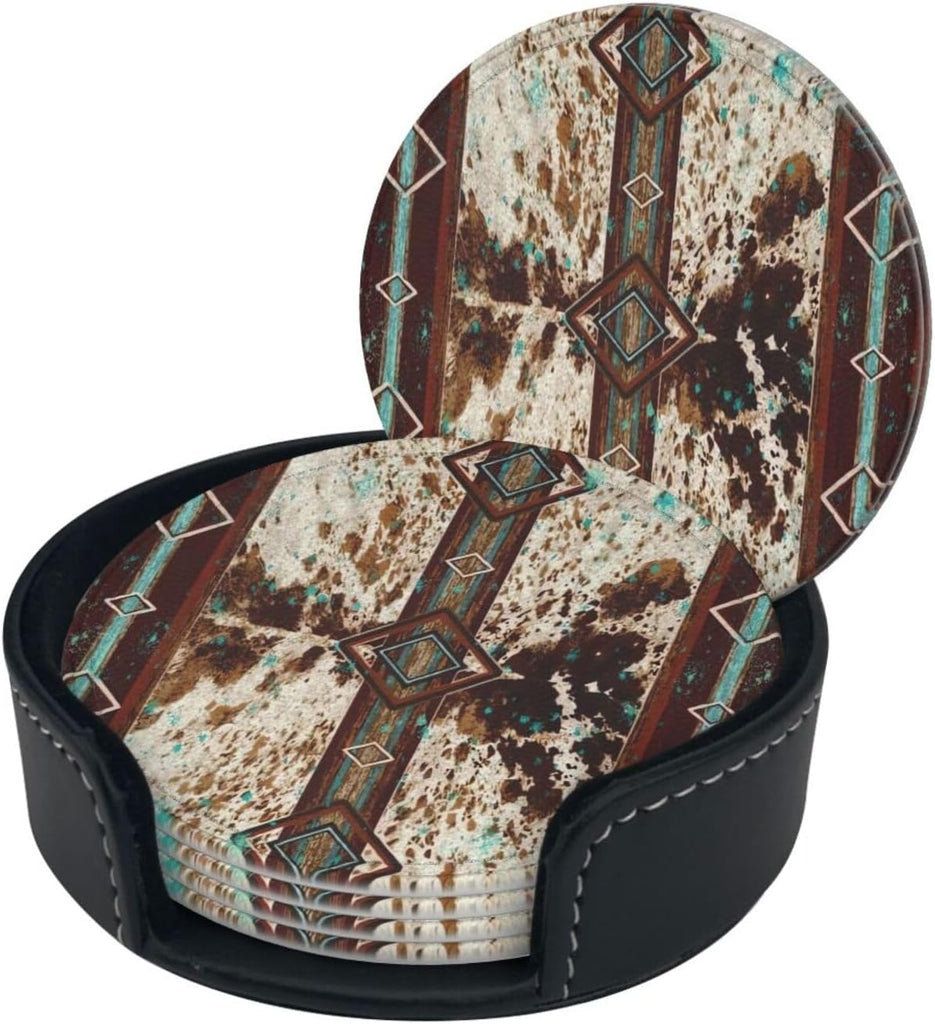 Cowhide Print Western Leather Coasters for Drinks with Holder Coaster Sets Drink Table Cup Coasters Kitchen - Set of 6
