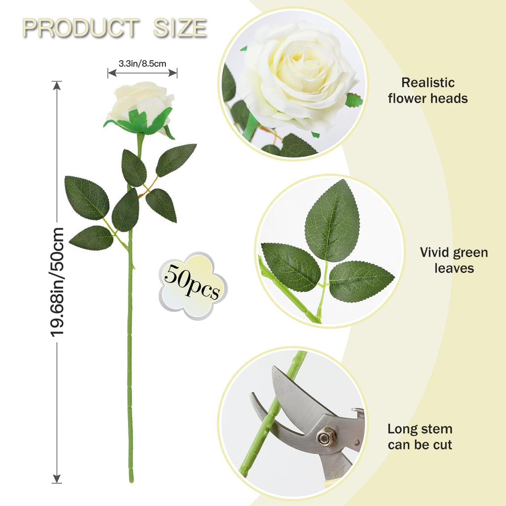 50PCS Artificial Silk Roses Flowers - Realistic Fake Roses in Bulk & Bouquet Long Stem White Rose for Wedding