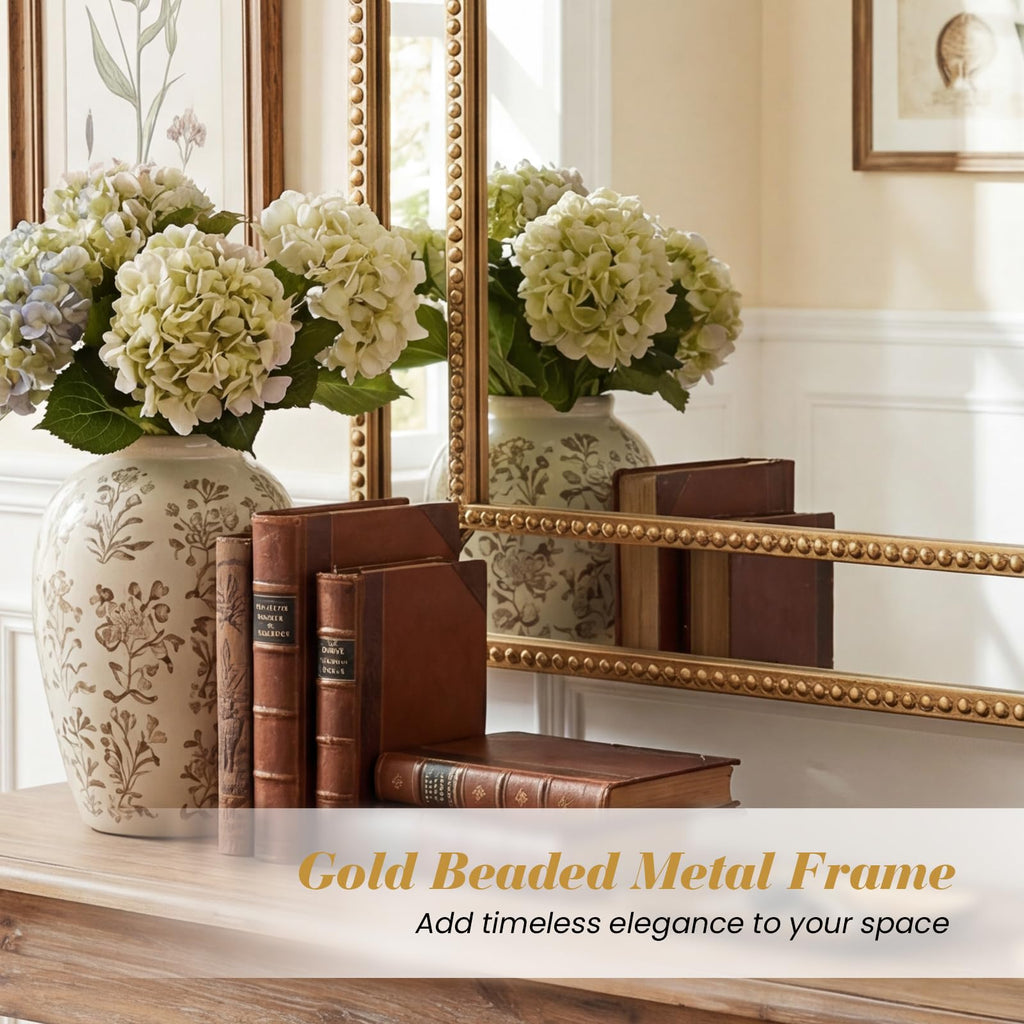 36" x 24" Gold Rectangle Wall Mirror, Decorative Mirror with Beaded Frame, Fireplace, Bedroom, Modern Vintage Wall