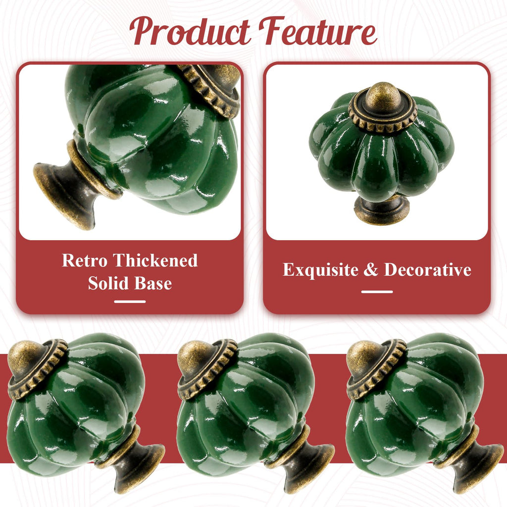 8pcs Dark Green Ceramic Pumpkin Knobs, Vintage Dresser Knobs