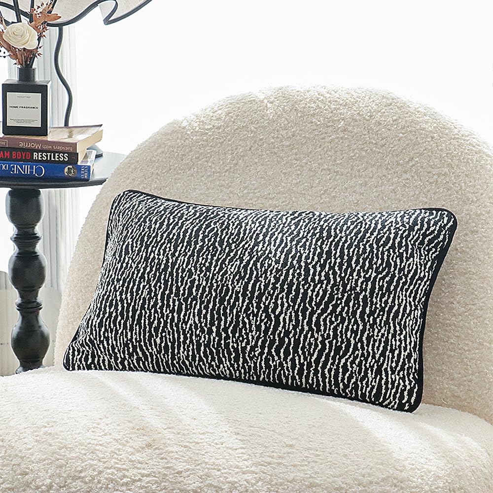 Black White Boho Textured Abstract Throw Pillow Cover, Geometric Minimalist Lumbar Pillowcase for Couch Sofa Bed