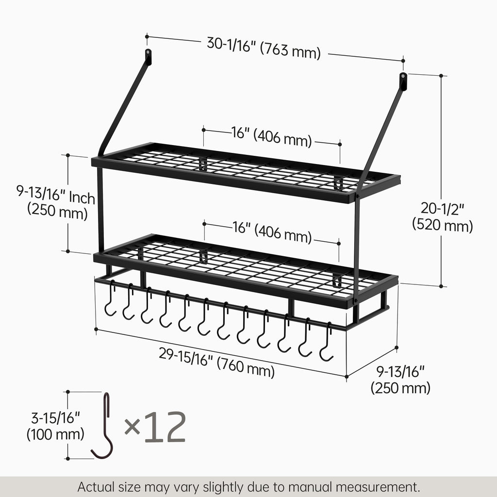 Kitchen Pot Rack - Mounted Hanging Rack Storage and Organization - Matte Black 2-Tier Wall Shelf with Guard