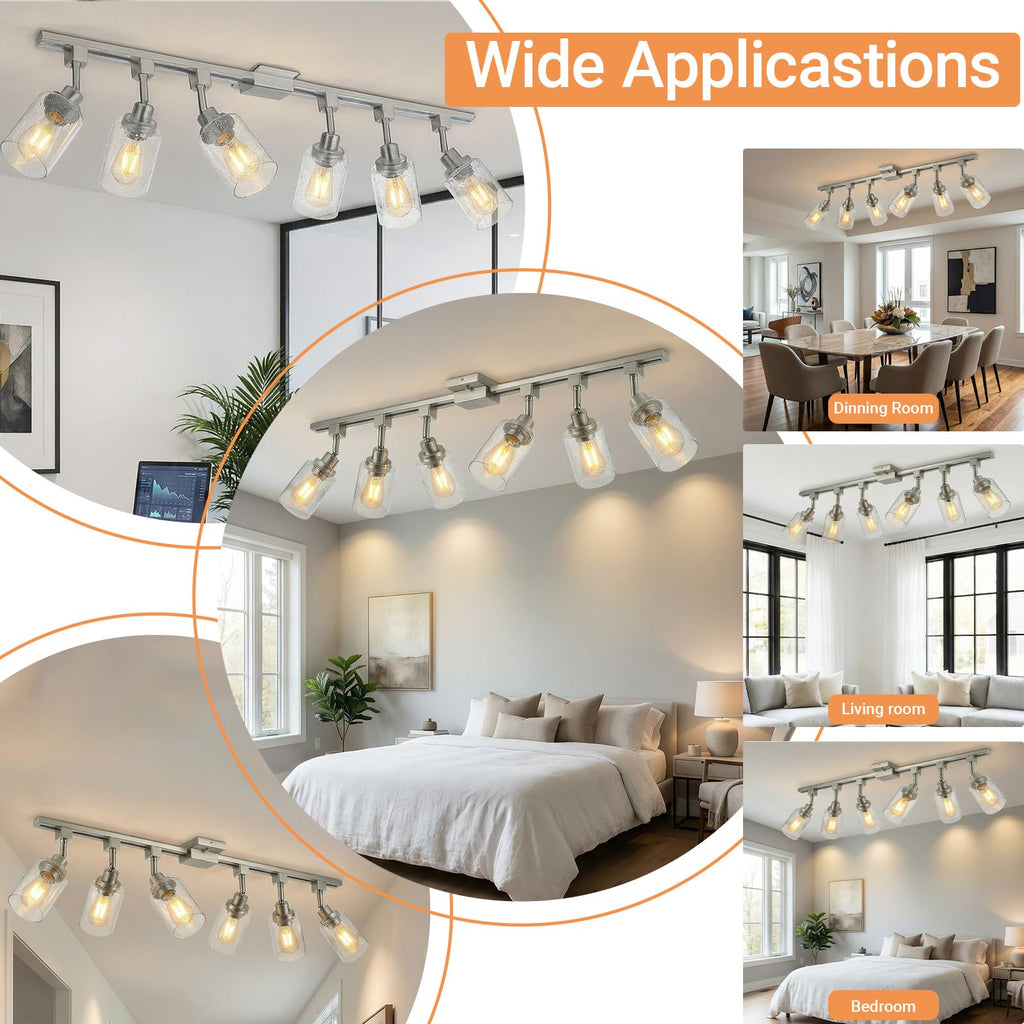 6 Pack H Track Lighting Replacement Heads Brushed Nickel, Ceiling Track Lighting Fixtures with Seeded Glass Shades