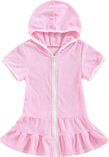 Girls Swim Cover Up Kids Short Sleeve Swimsuit Coverups Terry Zip-Up Hoodies Beach Dress Ruffle Bathing Suit Wraps