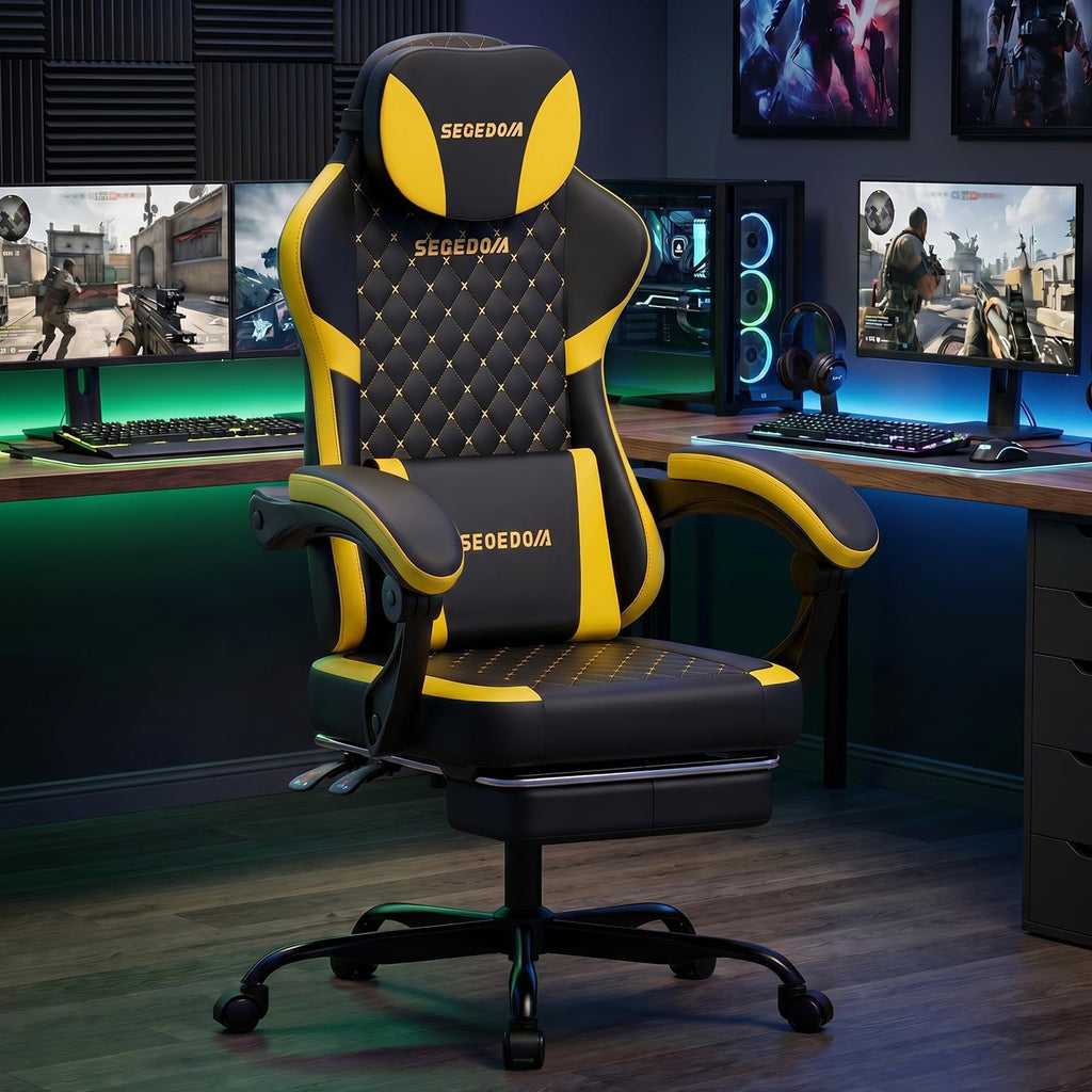 Ergonomic Gaming Chair with Footrest & Massage Lumbar Pillow, Height Adjustable 360° Swivel Computer Chair, Linked