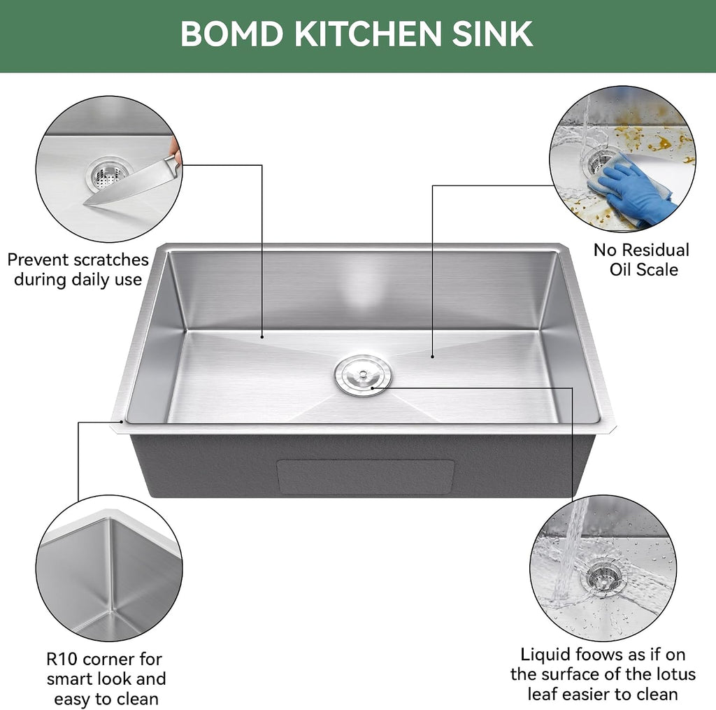 Kitchen Sink 32 Inch Undermount Stainless Steel, 16 Gauge 304 Workstation Sink,Deep Large Capacity Easy Clean Sink,32