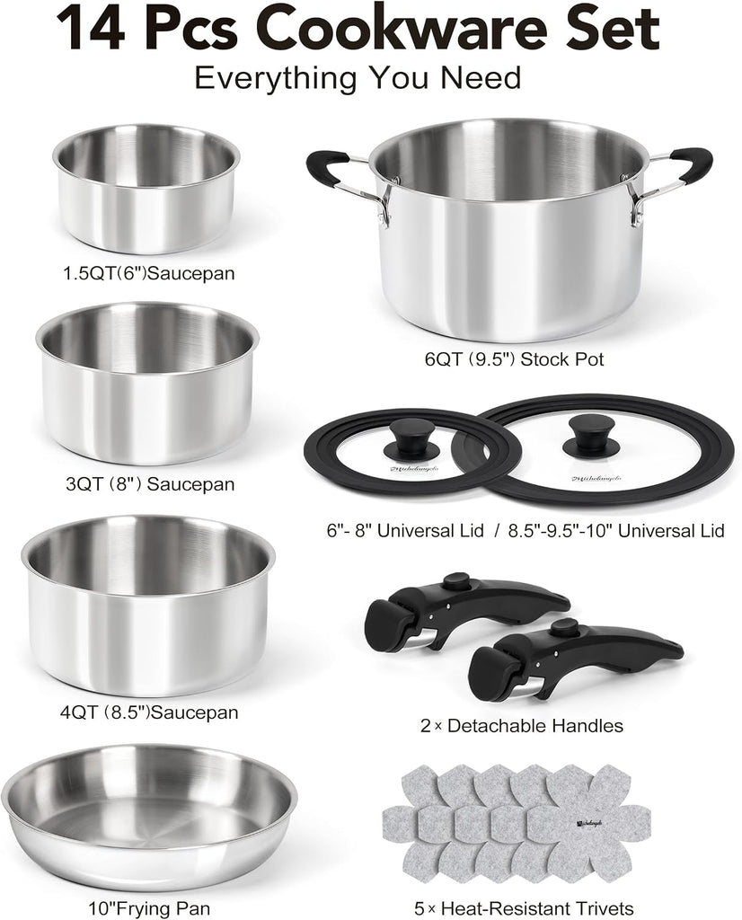 14pcs Tri-Ply Stainless Steel Cookware Set with Detachable Handles, Stackable Pots and Pans Set for RVs, Small