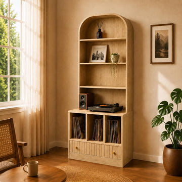 MCM Record Player Bookshelf, Tall Record Player Cabinet with Vinyl Storage and Drawer, Walnut Turntable Stand with