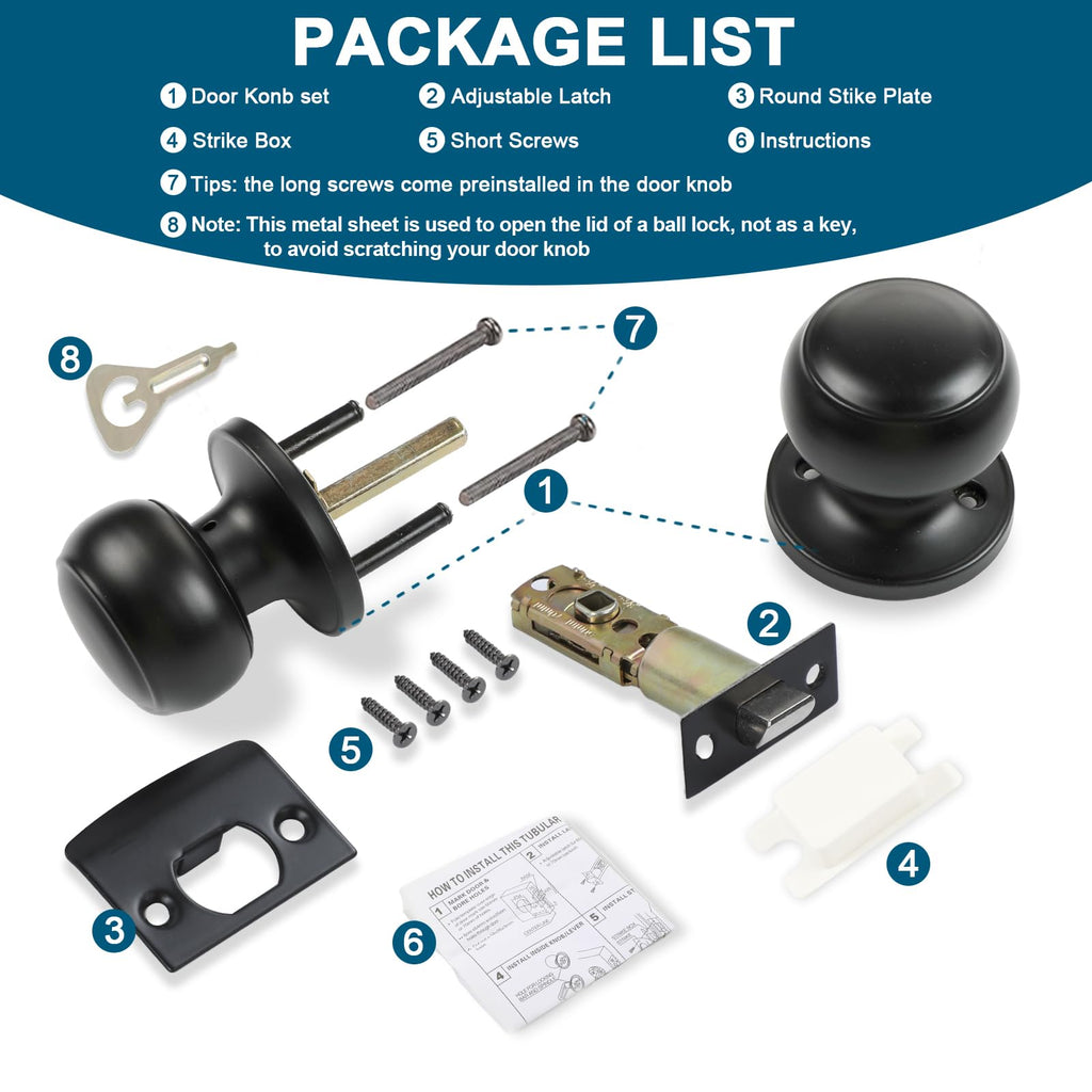 Passage Door Knobs, 5 Pack Matte Black Door Knobs, & Closet Non-Locking Interior Round Door Handles Keyless