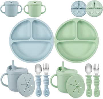 Silicone Baby Feeding Set| 2 Pack Silicone Divided Suction Plate and 2 Pack Tiny Cup with 2 Spoons 2 Forks| Baby Led
