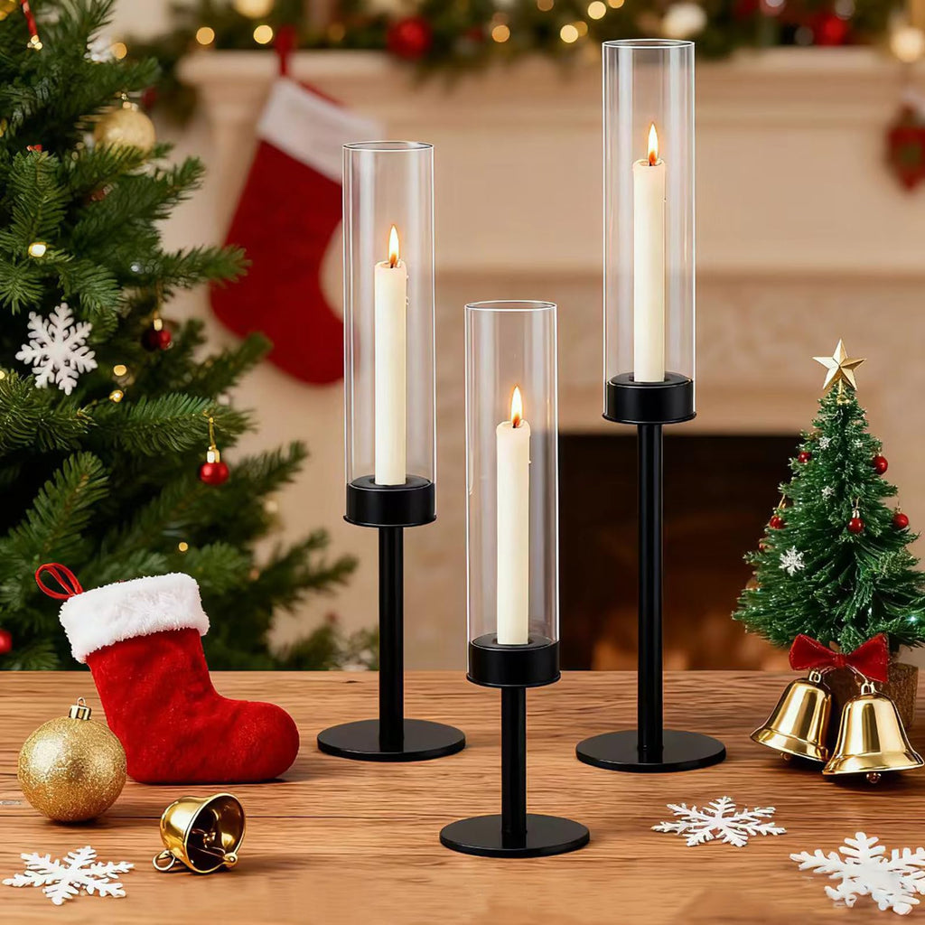 Black Taper Candle Holder Set with Glass Hurricane - Modern Candlestick Holders, Premium Gift Set for Wedding, Fall