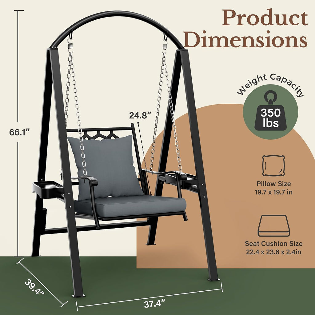 Porch Swing with Stand, 350lbs Heavy-Duty Metal Frame Outdoor Swing for Adults with Dual Side Trays, Adjustable
