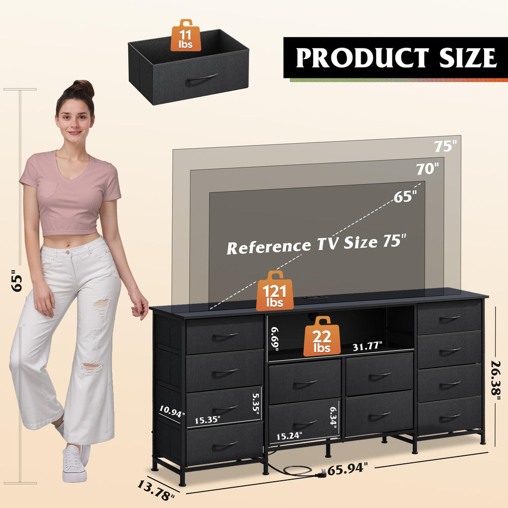 LED Fabric Dresser TV Stand for 75 Inch TV, 12 Drawers, Black Dresser