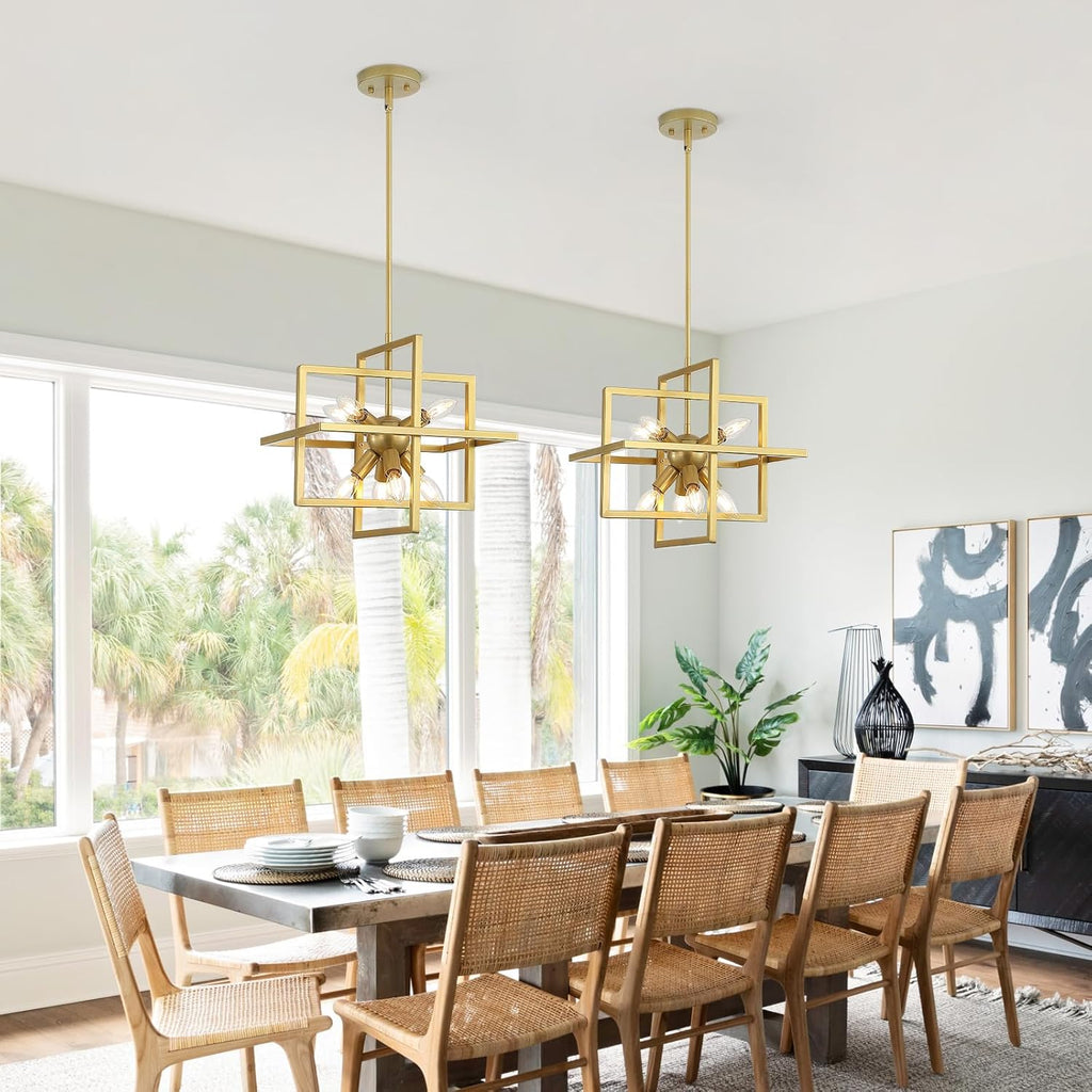 Modern Gold 8-Light Geometric Chandelier, Square Sputnik Pendant Light for Kitchen Island, Dining Room, Bedroom