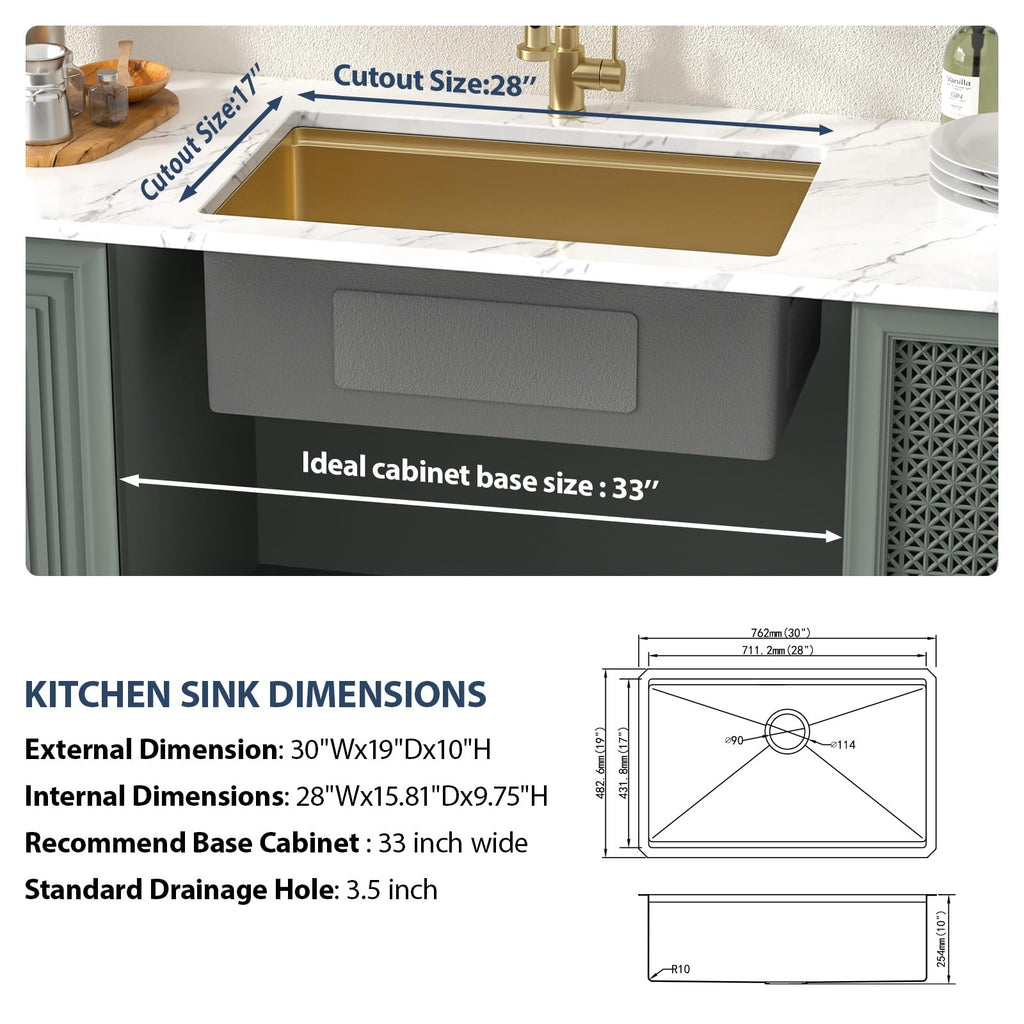 Gold Undermount Kitchen Sink Workstation 30 Inch Kitchen Sink 16 Gauge Stainless Steel Under Counter Sink Single Bowl