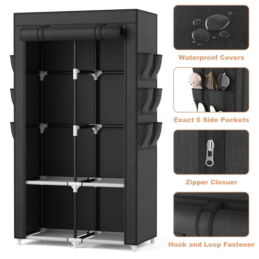 Portable Closet Wardrobe Closet for Hanging Clothes with 4 Storage Shelves, 2 Hanging Rods and 6 Pockets, Stable and