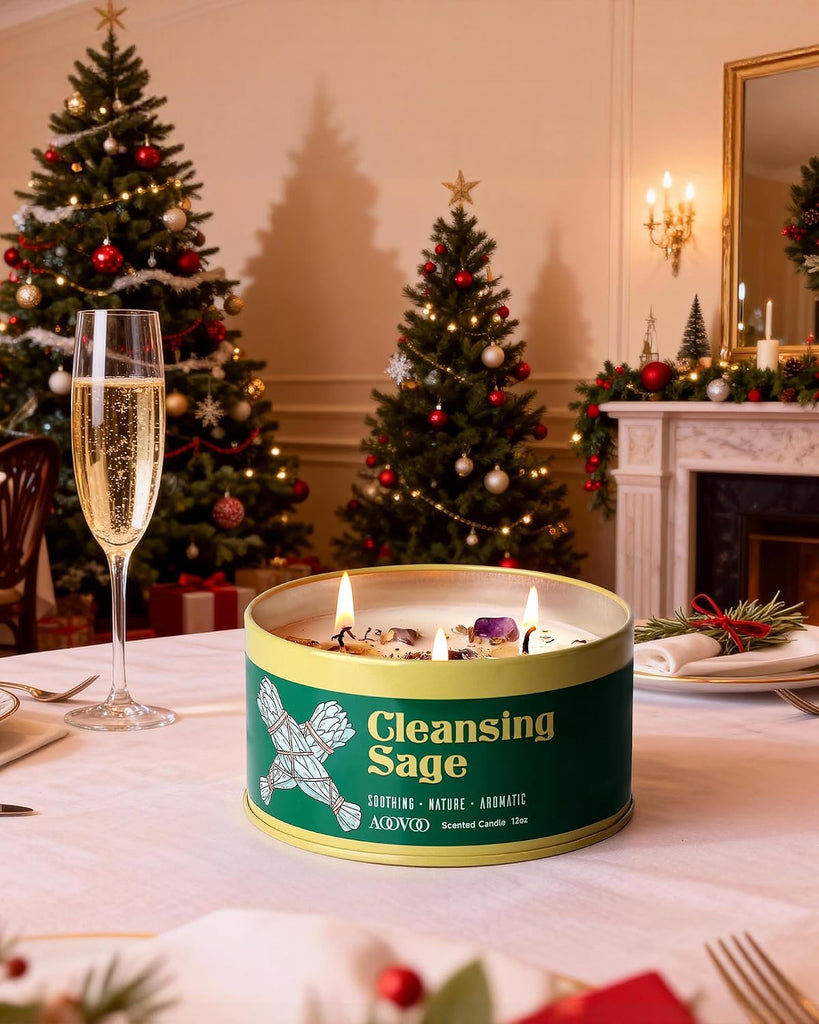 Sage Candle for Cleansing - 3 Wick 12oz Large Scented Candle with Crystals & Sage Leaves Inside, Soy Candles Non - Set of 12