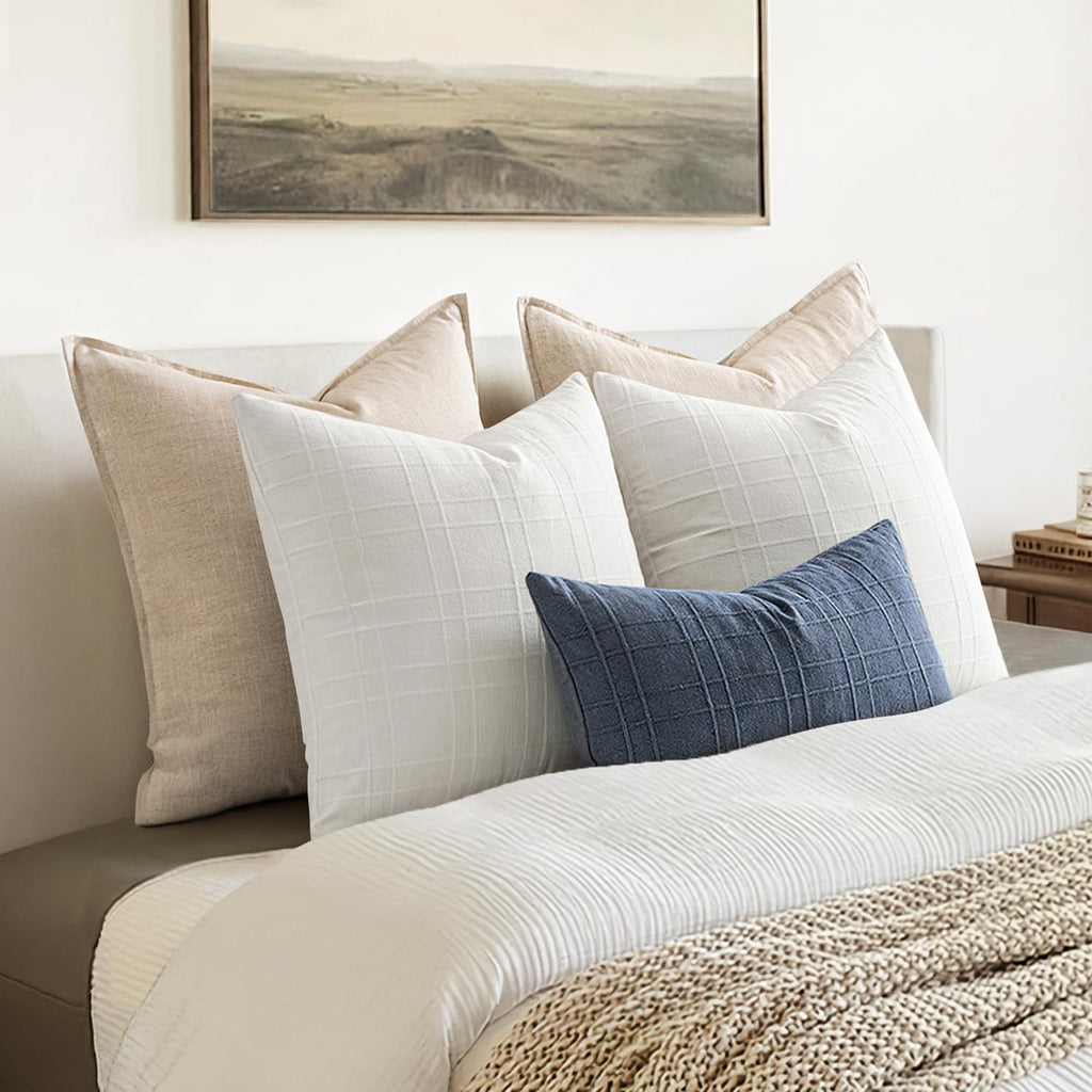Linen Plaid Pillow Covers Coastal Decorative Lumbar 12x20 Blue