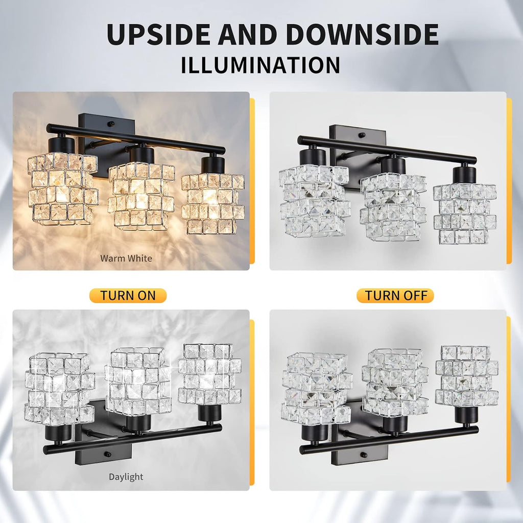 3 Lights Bathroom Vanity Light, Crystal Bathroom Light Fixture Over Mirror, Matte Black & Crystal Rotateable Indoor