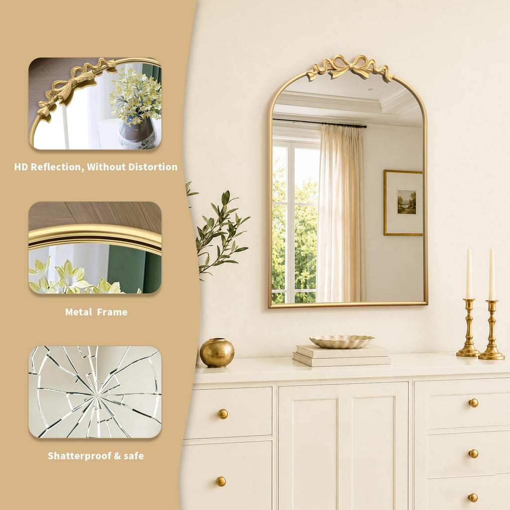 Vintage Arched Gold Mirror: 24"x36" Large Gold Bow Vanity Mirror