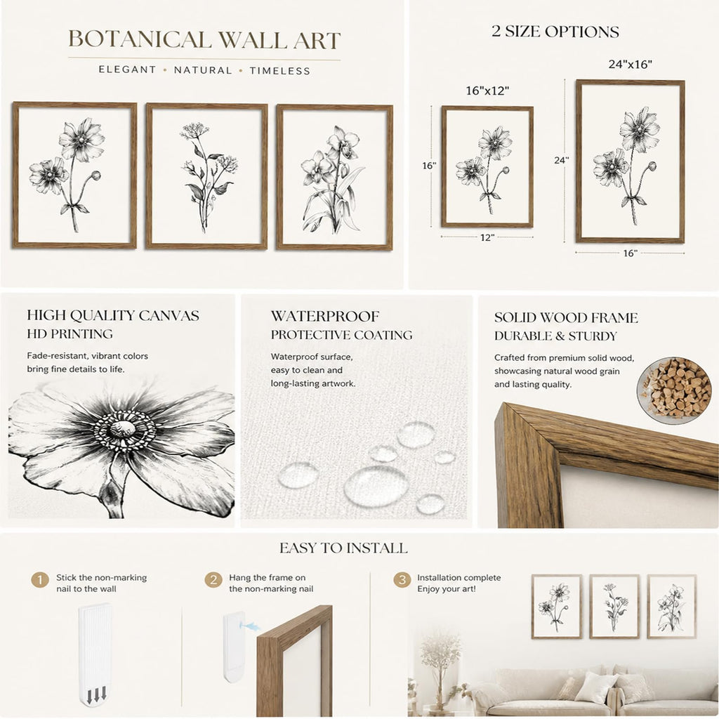 Minimalist Black and White Floral Wall Art Neutral Rustic Botanical Canvas Artwork, Vintage Floral Poster Set of
