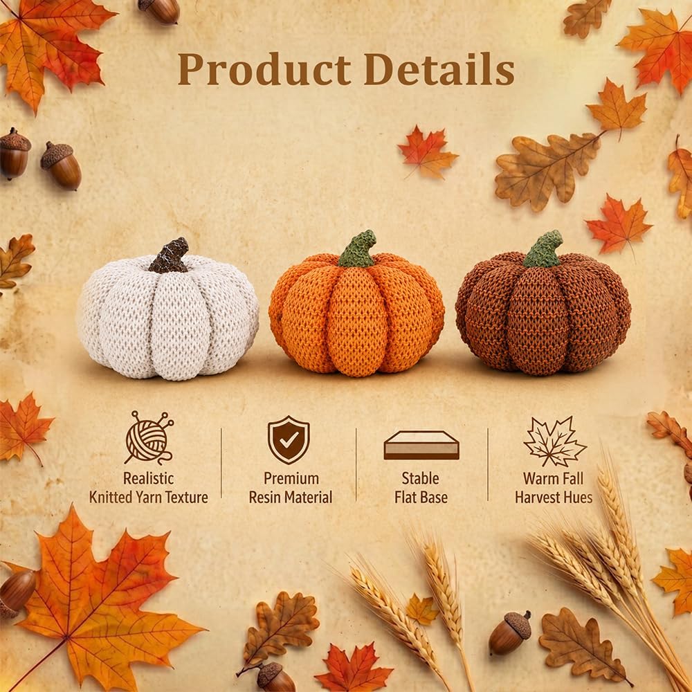 Fall Pumpkin Decor, Resin Pumpkins Figurines for Fall Decor, Rustic Knit Textured Pumpkins Fall Decorations - Set of 3