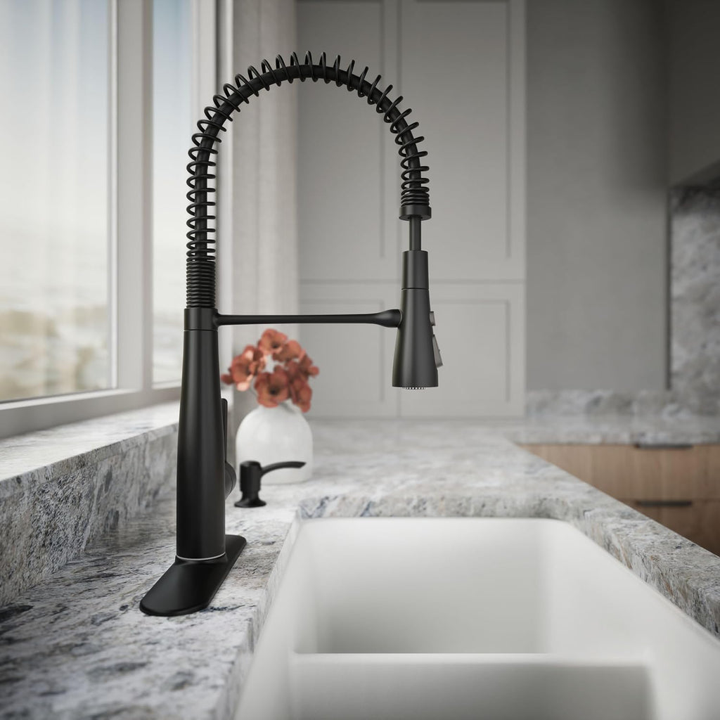 Semi-Pro Kitchen Sink Faucet with Soap Dispenser | REC22745-SD-BL, Commercial Kitchen Faucets with Pull Down Sprayer