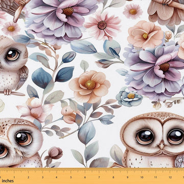 Owls Fabric for Decoration, Cartoon Owl Animal Sewing Fabrics for Room Decor Soft Polyester No Stretch, Farmhouse