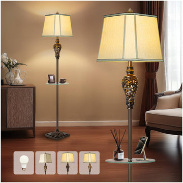 Rustic Floor Lamp with Nightlight and Glass Tray