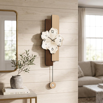 Flower Wall Clocks Battery Operated Decorative with Pendulum 9*24in, Beige