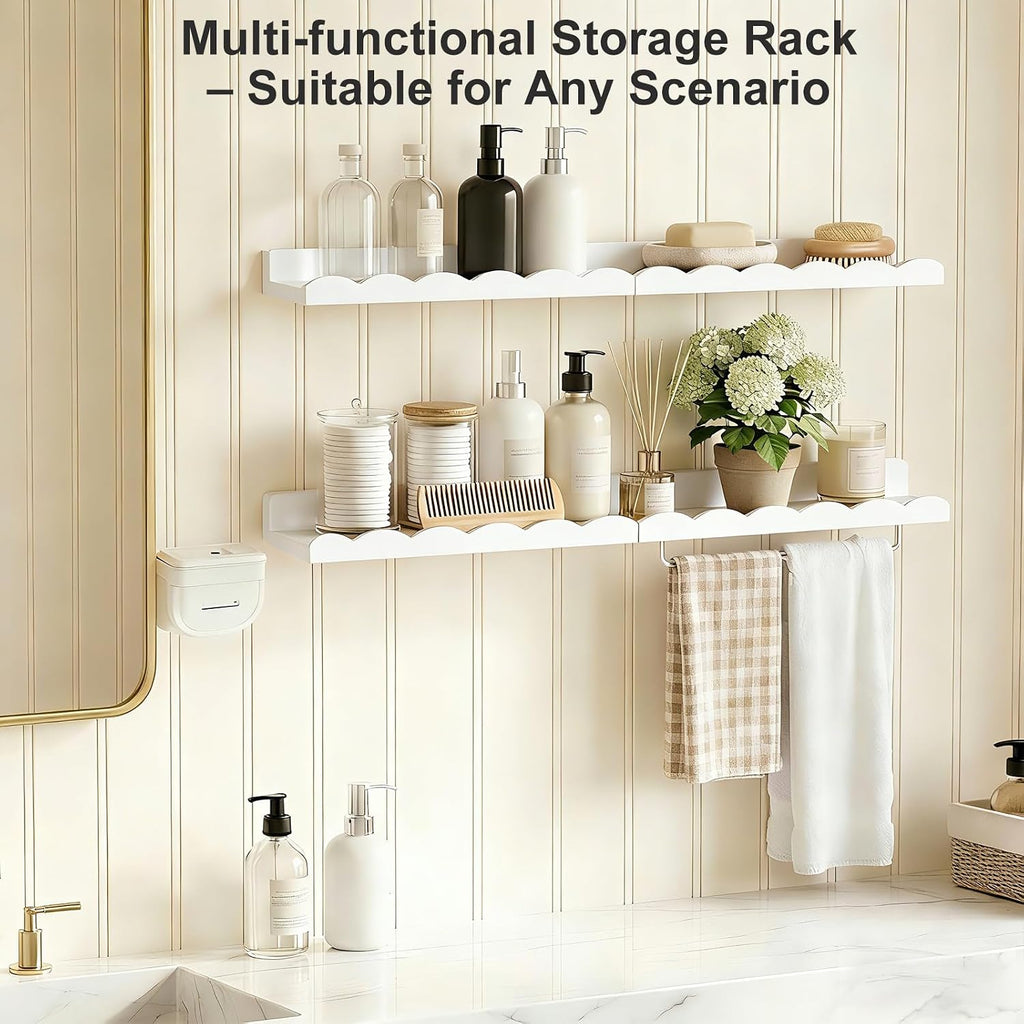 Nursery Shelves, 16.5 Inch Floating Bookshelves for Wall Set of 4, Scalloped Wall Book Shelves with Towel Rack