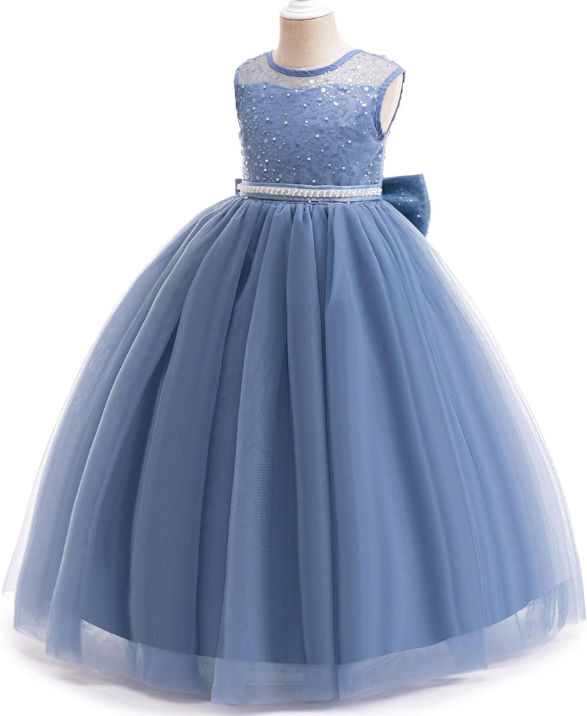 Sequin Tulle Dress Formal Pageant Sparkly Birthday Party Wedding Guest Ball Gown Dresses with Bow