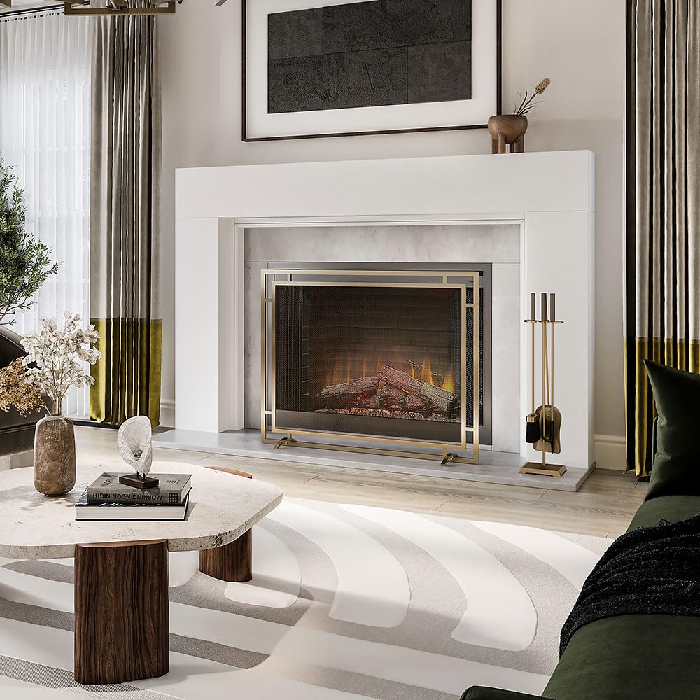 Gatsby Mesh Fireplace Screen in Aged Brass | Single Panel, Heavy-Duty Steel Frame with Powder-Coated Finish | Mesh