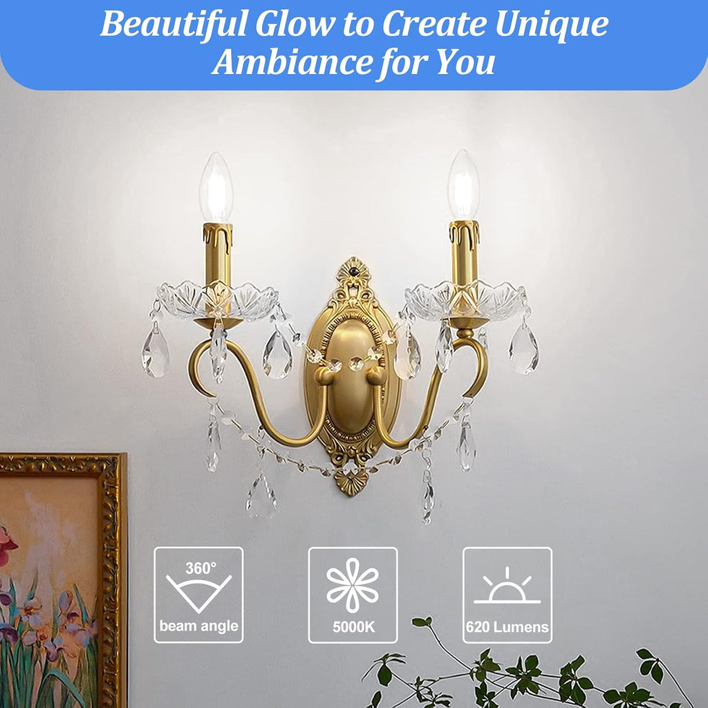 E12 Candelabra LED Light Bulbs 60 Watt Equivalent, 620 Lumen 6W C32 B11 Clear LED Filament Candle Bulbs, Dimmable