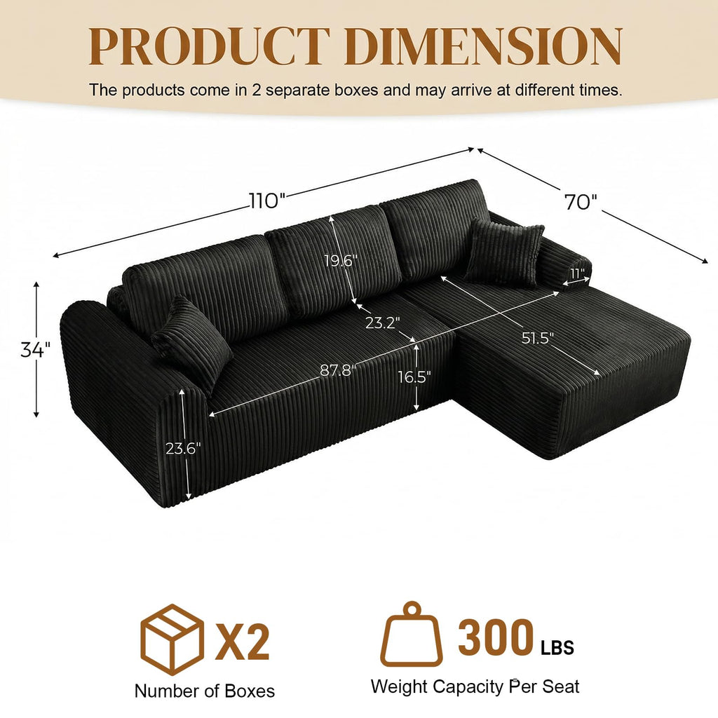 110" Boneless Cloud Sectional Couches, Comfy Fluffy L Shaped Memory Foam Deep Seat Boneless Couch, Modular Sectional