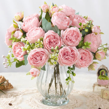 Artificial Peonies Silk Flowers in Glass Vase Faux Flowers Bouquets Modern Penoy Arrangement 4 Pack Decoration Table - Set of 4