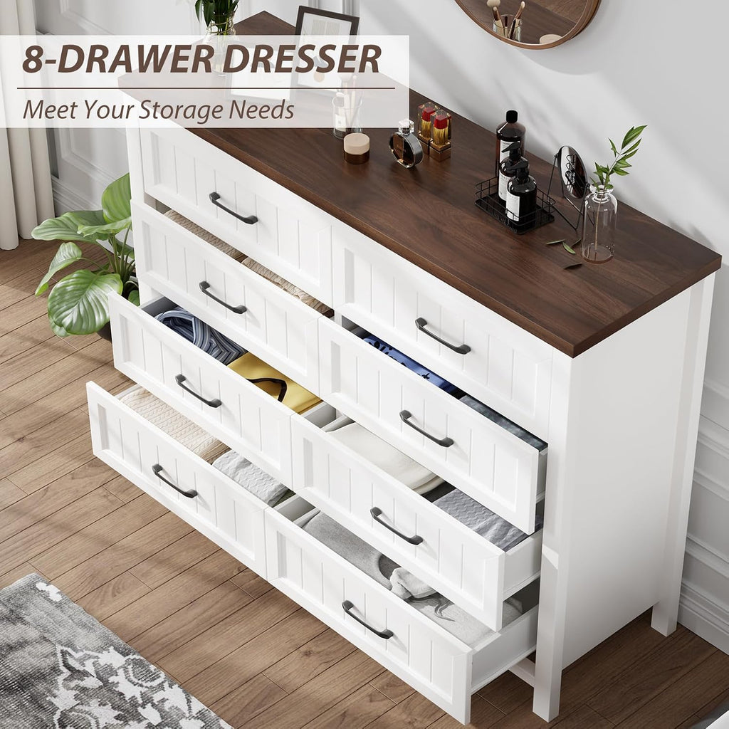 Farmhouse Dresser 8 Drawer Dresser , Large Wooden Dressers Double Grey Dresser with Deep Drawers Dressers (White and
