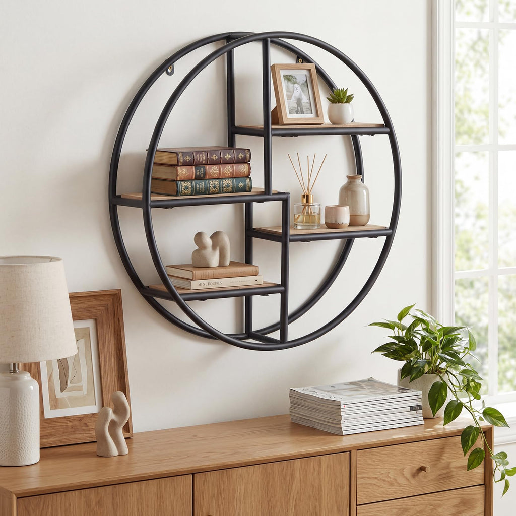 Industrial Style Round Wall Shelf with 4-Tier Storage Shelves