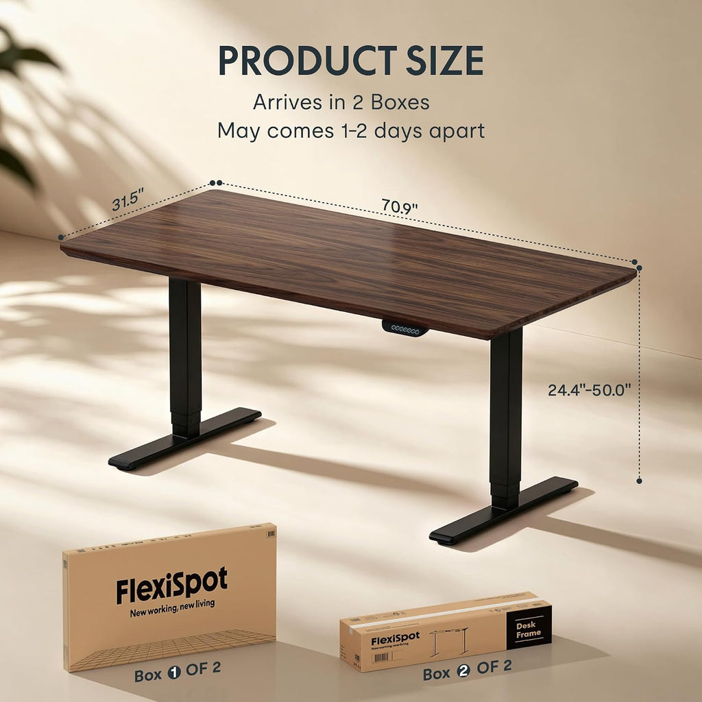 E6 MAX Solid Black Walnut Wood Standing Desk 71"x31", Solid Hardwood Ergonomic Beveled Desktop, Dual Motor 3-Stage